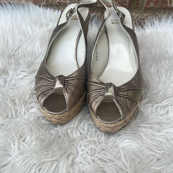 Stuart Weitzman Silver Women's Gold Metallic Leather Espadrilles Size 9.5 - Picture 1 of 7